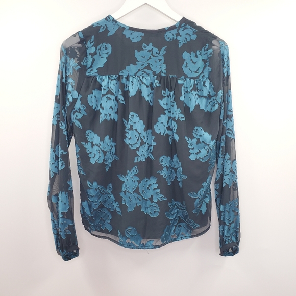 Lovers + Friends Blue Floral Velvet Lace Top Sheer V-Neck Printed Moody Dark - Picture 4 of 6
